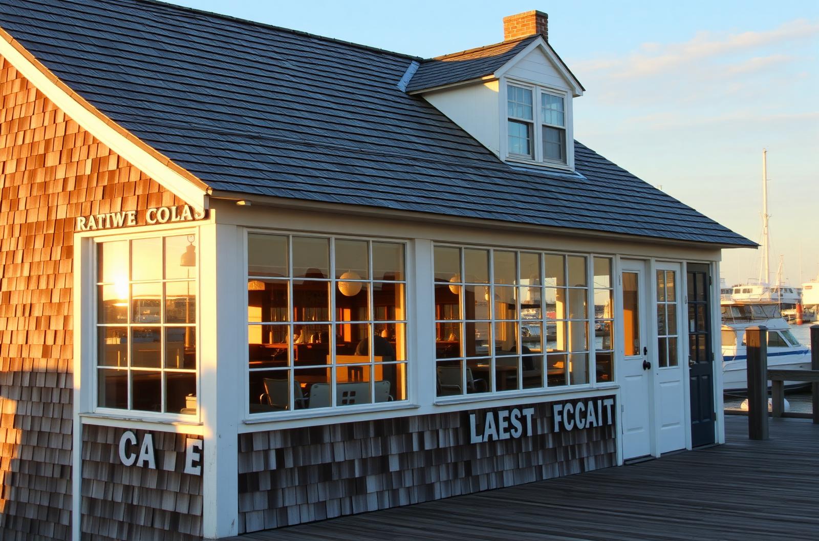 Cape Cod waterfront commercial building at golden hour