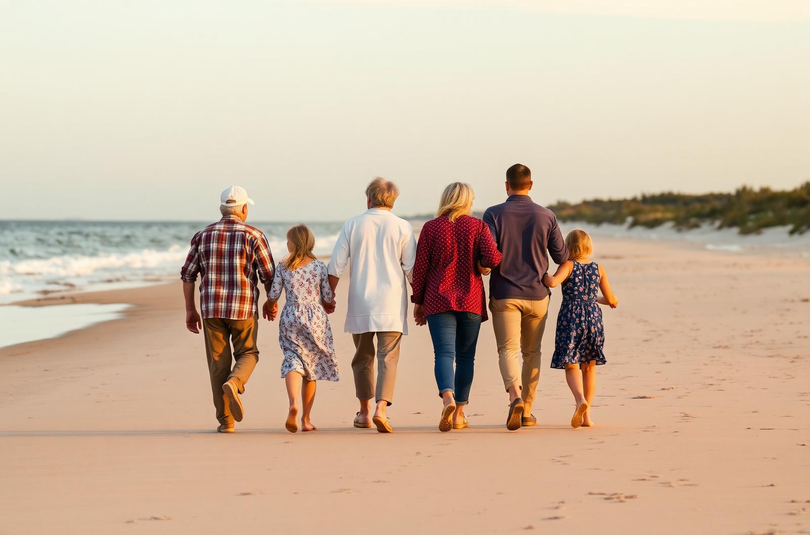 Multi-generational family walking on Cape Cod beach at sunset