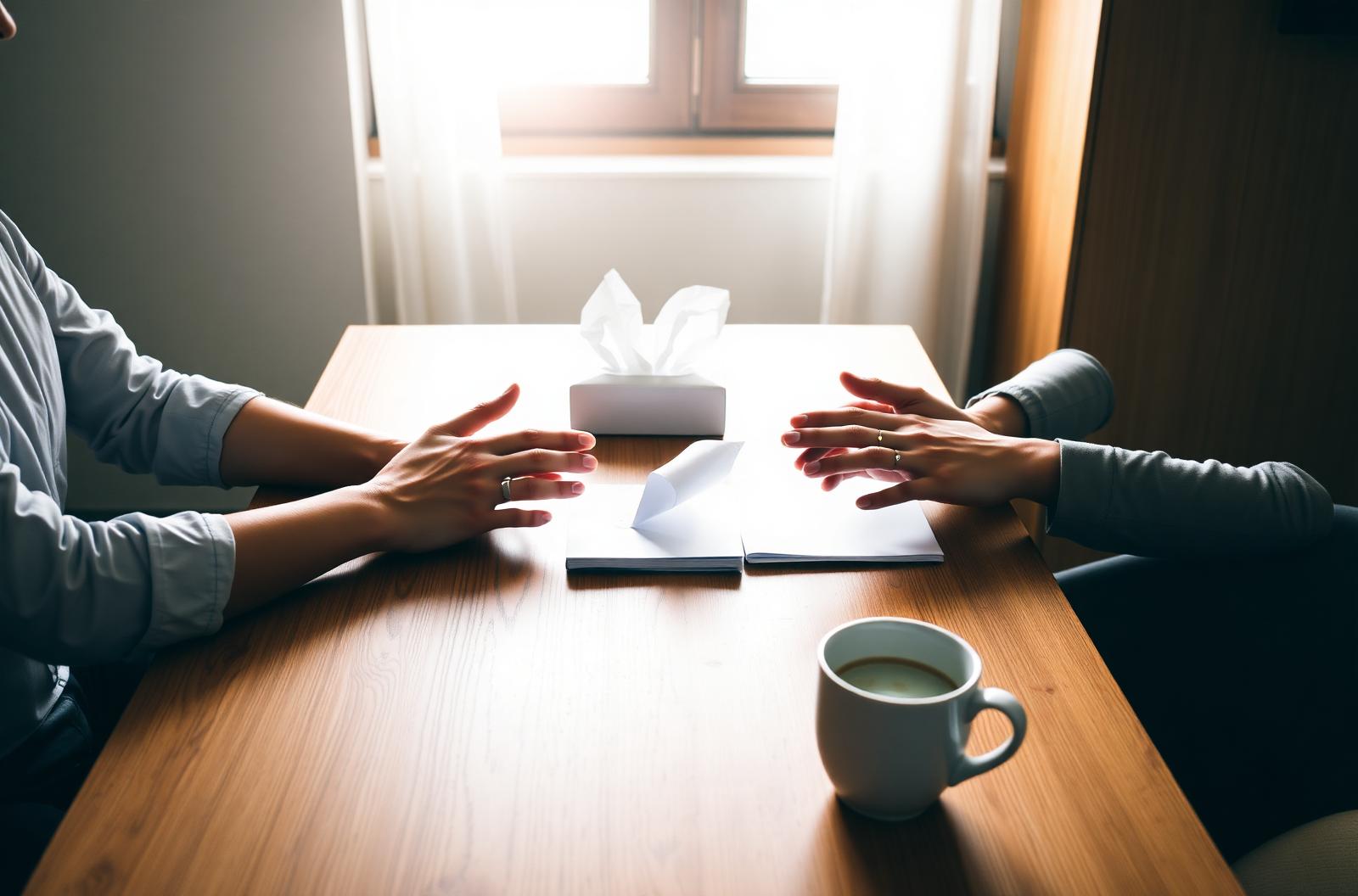 Two people in a quiet, supportive consultation across a wooden table