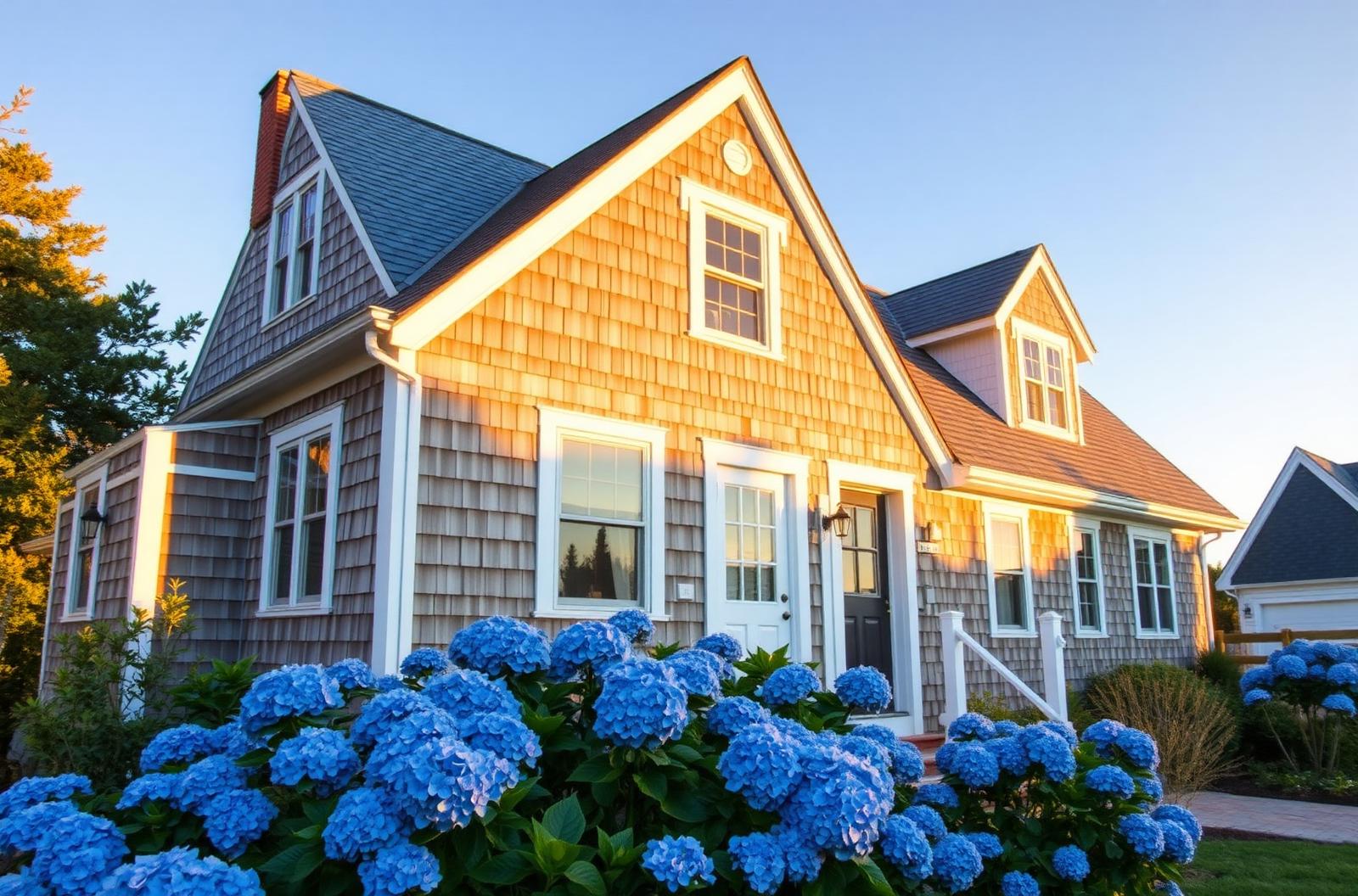 Cape Cod shingle-style home with blue hydrangeas